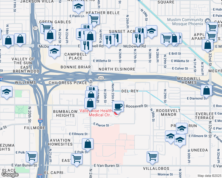 map of restaurants, bars, coffee shops, grocery stores, and more near 1102 North 25th Place in Phoenix