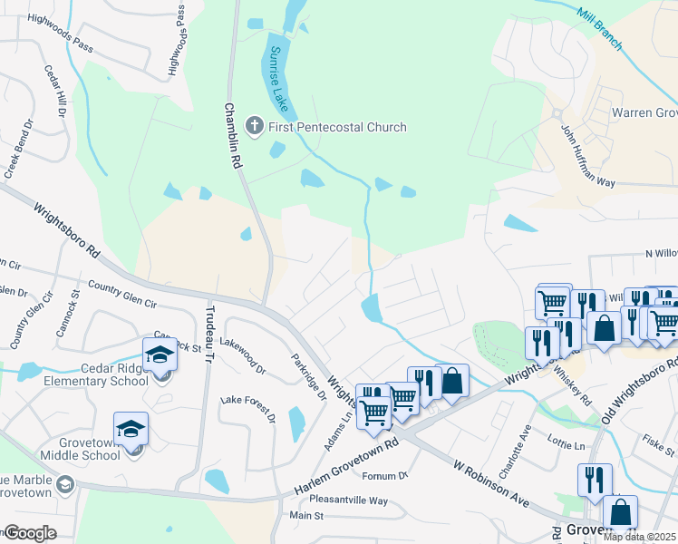 map of restaurants, bars, coffee shops, grocery stores, and more near 165 Brandimere Drive in Grovetown