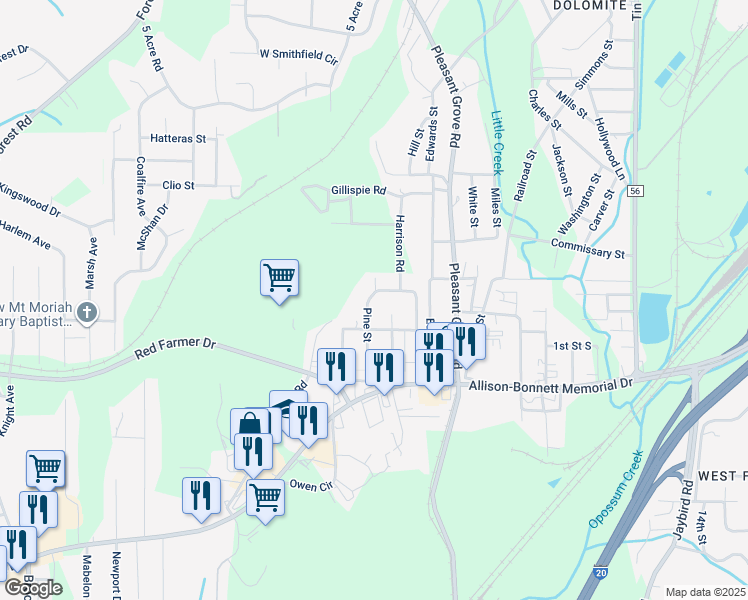 map of restaurants, bars, coffee shops, grocery stores, and more near 216 Pine Street in Hueytown