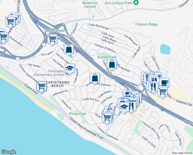 map of restaurants, bars, coffee shops, grocery stores, and more near 34602 Calle Rosita in Dana Point
