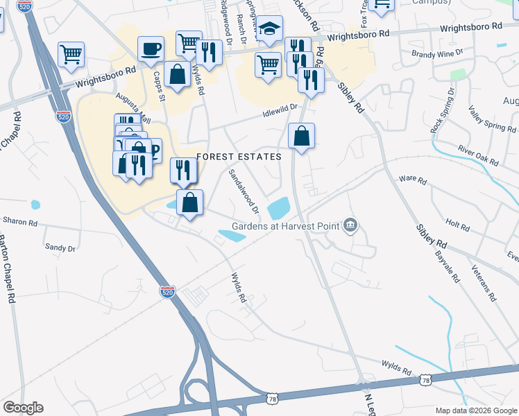 map of restaurants, bars, coffee shops, grocery stores, and more near 1724 Sandalwood Drive in Augusta
