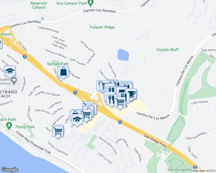 map of restaurants, bars, coffee shops, grocery stores, and more near 3539 Calle La Quinta in San Clemente