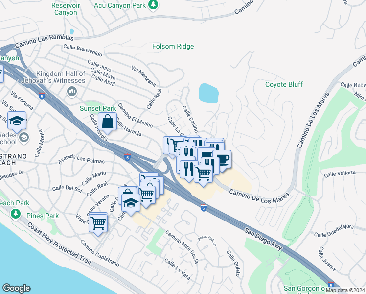 map of restaurants, bars, coffee shops, grocery stores, and more near 3539 Calle La Quinta in San Clemente