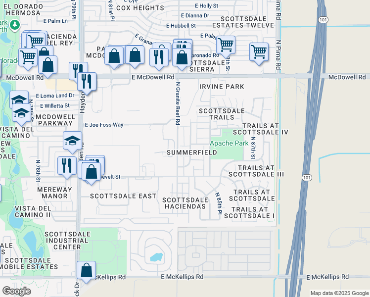 map of restaurants, bars, coffee shops, grocery stores, and more near 1131 North Granite Reef Road in Scottsdale