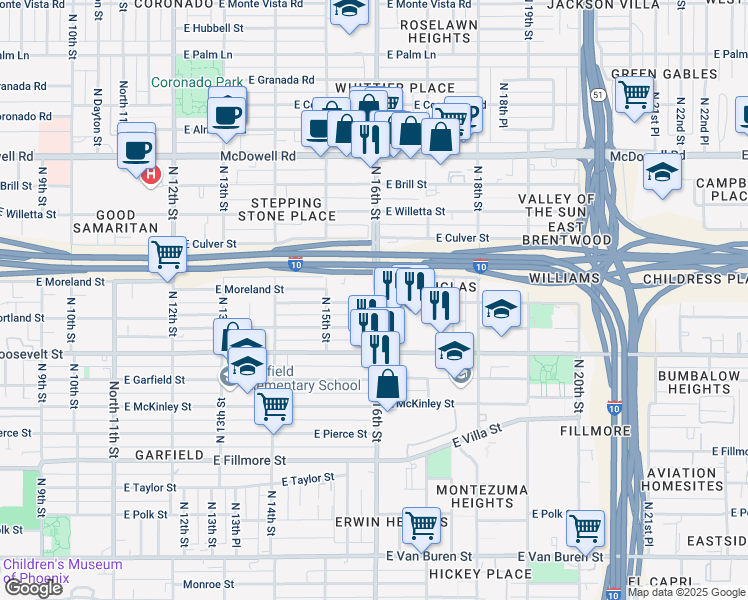map of restaurants, bars, coffee shops, grocery stores, and more near 1533 East Portland Street in Phoenix