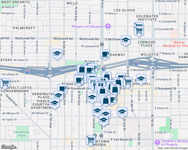 map of restaurants, bars, coffee shops, grocery stores, and more near 41 West Portland Street in Phoenix