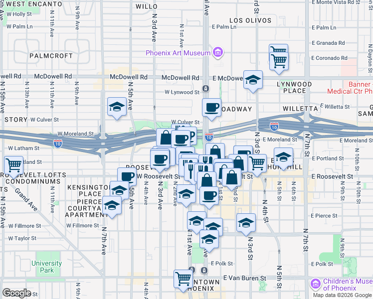 map of restaurants, bars, coffee shops, grocery stores, and more near 41 West Portland Street in Phoenix