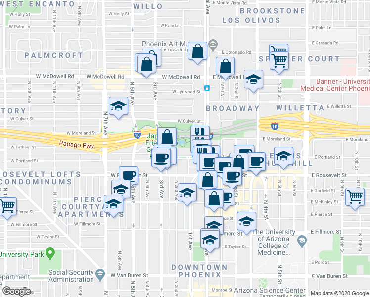 map of restaurants, bars, coffee shops, grocery stores, and more near 200 West Portland Street in Phoenix