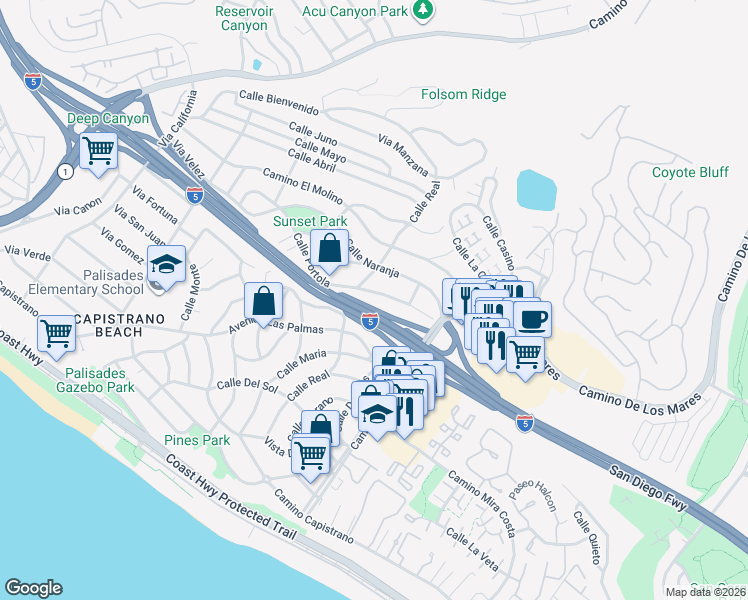 map of restaurants, bars, coffee shops, grocery stores, and more near 34559 Calle Portola in Dana Point