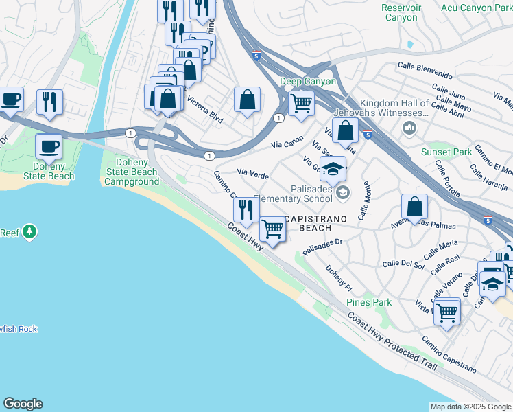 map of restaurants, bars, coffee shops, grocery stores, and more near 34575 Via Catalina in Dana Point