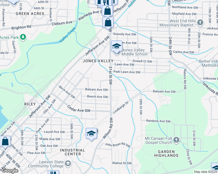map of restaurants, bars, coffee shops, grocery stores, and more near 2316 31st Street Southwest in Birmingham