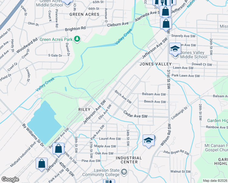 map of restaurants, bars, coffee shops, grocery stores, and more near 3433 Jefferson Avenue Southwest in Birmingham