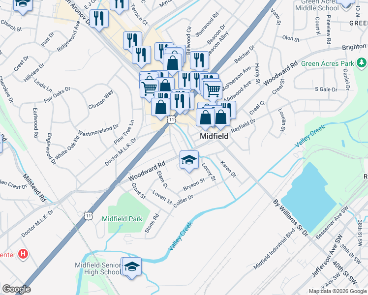 map of restaurants, bars, coffee shops, grocery stores, and more near 147 Brookwood Road East in Birmingham
