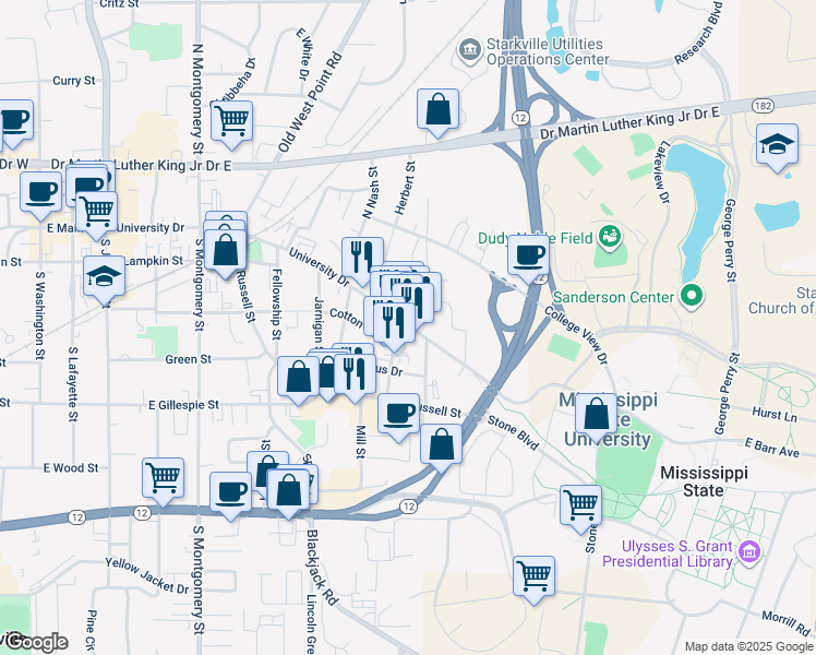 map of restaurants, bars, coffee shops, grocery stores, and more near 705 University Drive in Starkville