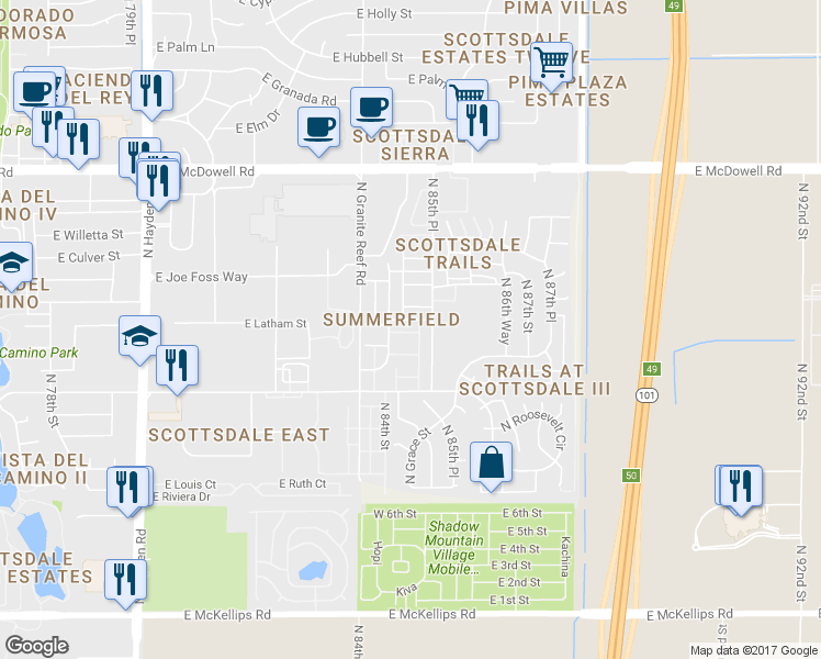 map of restaurants, bars, coffee shops, grocery stores, and more near 8529 East Portland Street in Scottsdale