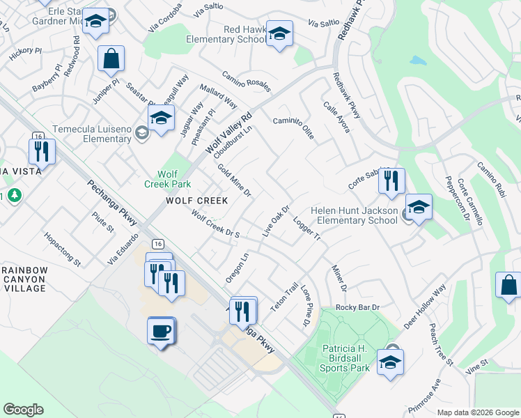 map of restaurants, bars, coffee shops, grocery stores, and more near 32058 Woodside Court in Temecula
