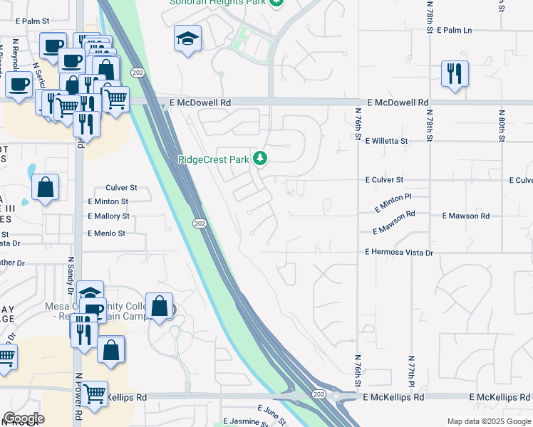 map of restaurants, bars, coffee shops, grocery stores, and more near 2465 North Raven Circle in Mesa