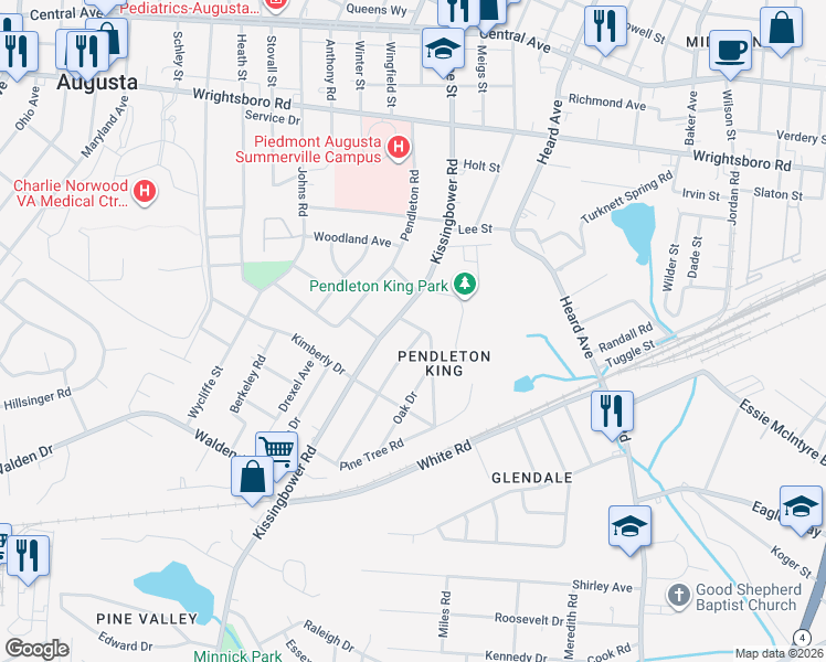 map of restaurants, bars, coffee shops, grocery stores, and more near 1705 Holly Hill Road in Augusta