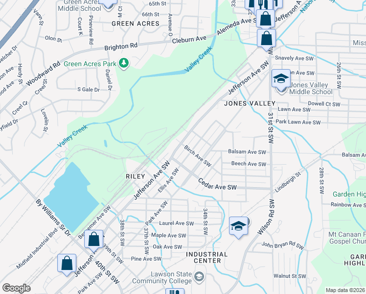 map of restaurants, bars, coffee shops, grocery stores, and more near 3433 Jefferson Avenue Southwest in Birmingham