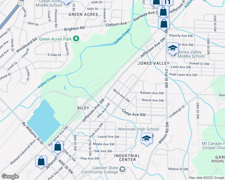 map of restaurants, bars, coffee shops, grocery stores, and more near 3433 Jefferson Avenue Southwest in Birmingham