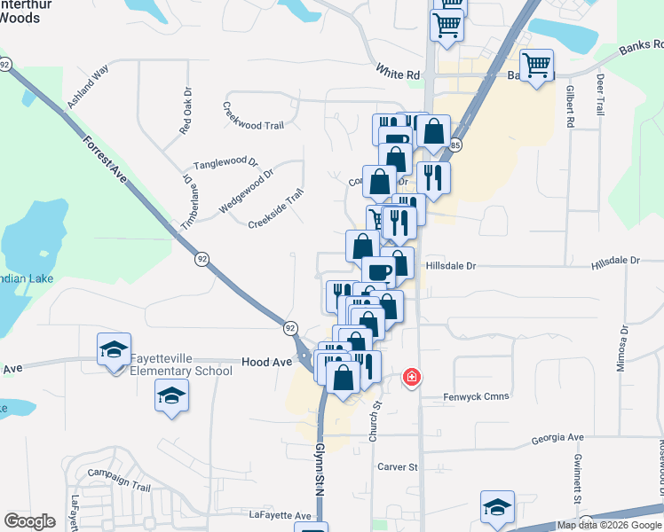 map of restaurants, bars, coffee shops, grocery stores, and more near 120 Churchill Court in Fayetteville