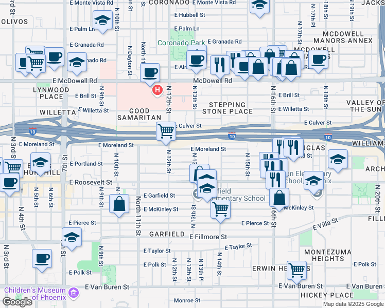 map of restaurants, bars, coffee shops, grocery stores, and more near 1124 North 13th Street in Phoenix