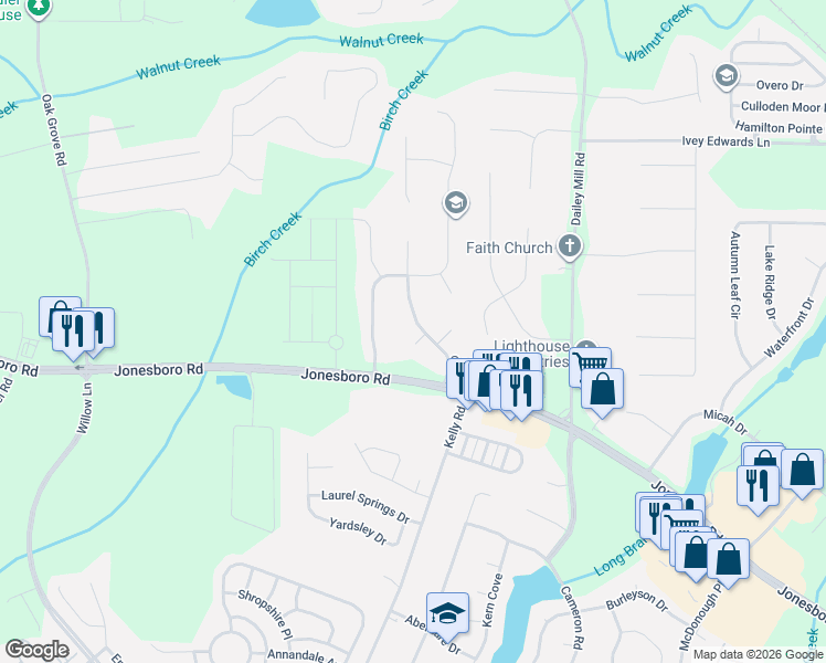 map of restaurants, bars, coffee shops, grocery stores, and more near 145 Thomas Jefferson Drive in McDonough