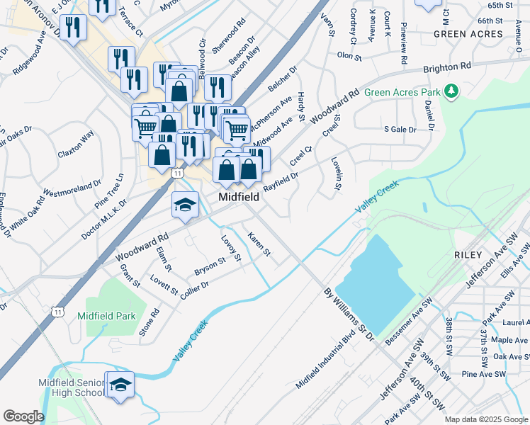 map of restaurants, bars, coffee shops, grocery stores, and more near 1451 Short Street in Midfield
