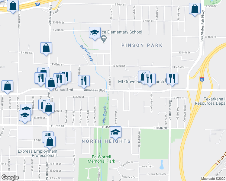 map of restaurants, bars, coffee shops, grocery stores, and more near 3899 Eastwood Drive in Texarkana