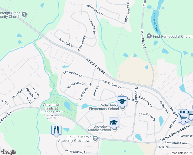 map of restaurants, bars, coffee shops, grocery stores, and more near 4506 Country Glen Circle in Grovetown