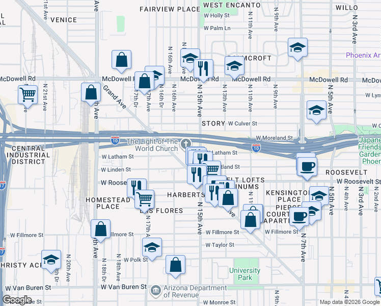 map of restaurants, bars, coffee shops, grocery stores, and more near 1201 North Laurel Avenue in Phoenix