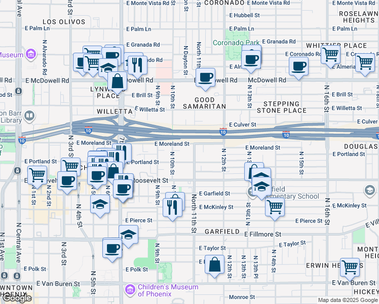 map of restaurants, bars, coffee shops, grocery stores, and more near 1118 North 11th Street in Phoenix