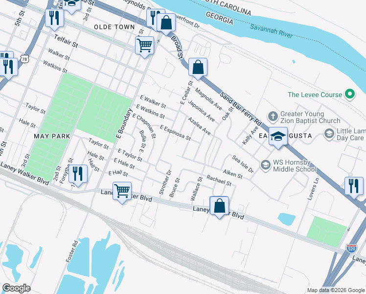 map of restaurants, bars, coffee shops, grocery stores, and more near 711 Albany Avenue in Augusta