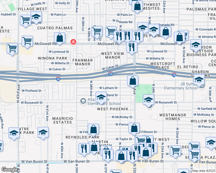 map of restaurants, bars, coffee shops, grocery stores, and more near 3646 West Latham Street in Phoenix