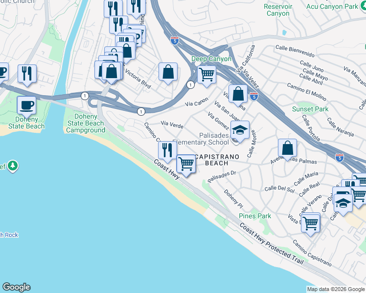 map of restaurants, bars, coffee shops, grocery stores, and more near 34571 Via Catalina in Dana Point