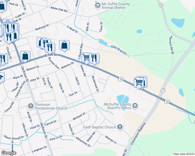 map of restaurants, bars, coffee shops, grocery stores, and more near 9900 Cardinal Street in Thomson