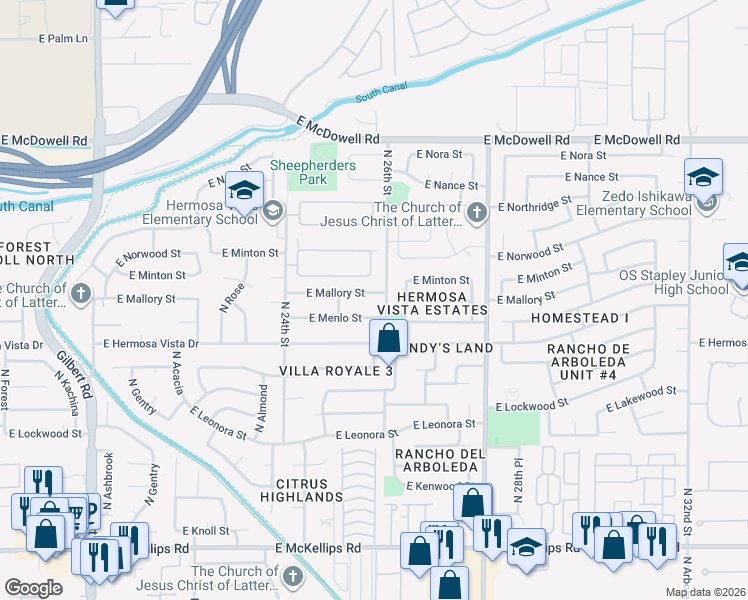 map of restaurants, bars, coffee shops, grocery stores, and more near 2545 East Mallory Street in Mesa