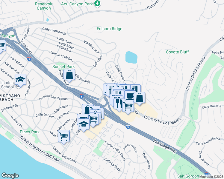 map of restaurants, bars, coffee shops, grocery stores, and more near 34596 Camino El Molino in Dana Point
