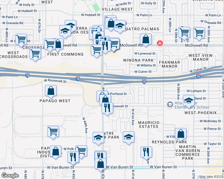 map of restaurants, bars, coffee shops, grocery stores, and more near 4237 West Latham Street in Phoenix