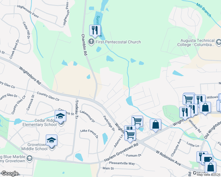 map of restaurants, bars, coffee shops, grocery stores, and more near 231 Lynbrook Way in Grovetown