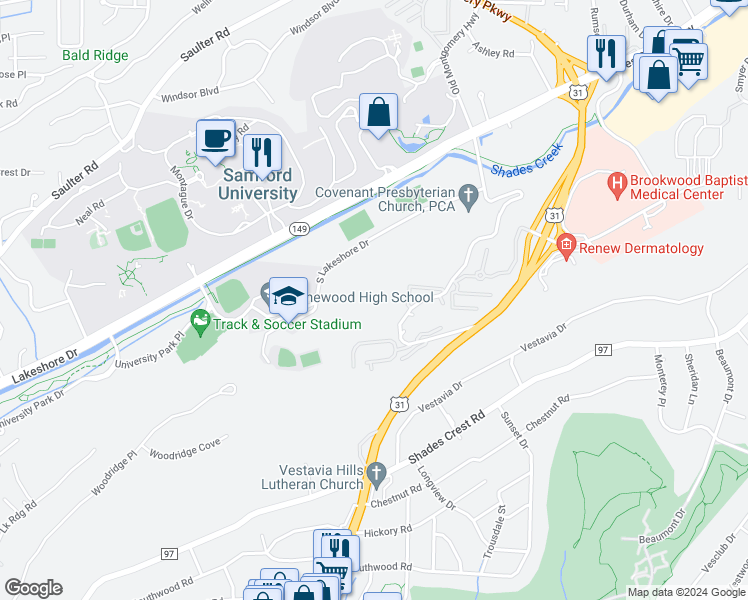 map of restaurants, bars, coffee shops, grocery stores, and more near 100 Old Montgomery Highway in Vestavia Hills