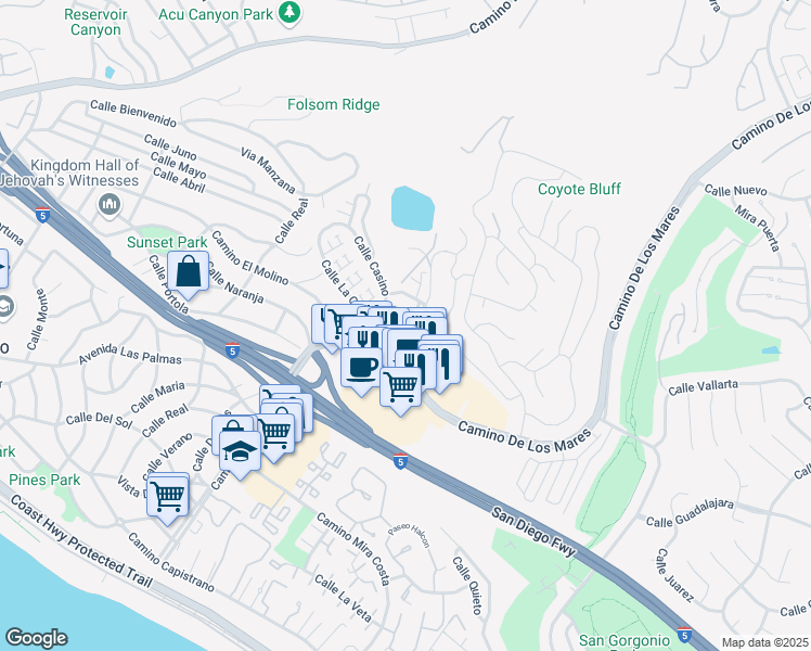map of restaurants, bars, coffee shops, grocery stores, and more near 703 Calle Los Olivos in San Clemente