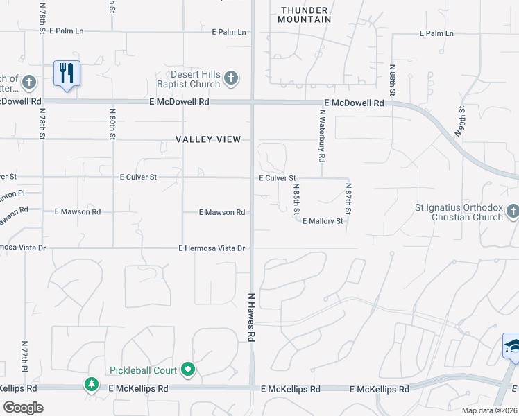 map of restaurants, bars, coffee shops, grocery stores, and more near 2515 North Hawes Road in Mesa