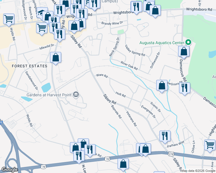 map of restaurants, bars, coffee shops, grocery stores, and more near 3228 Holt Road in Augusta