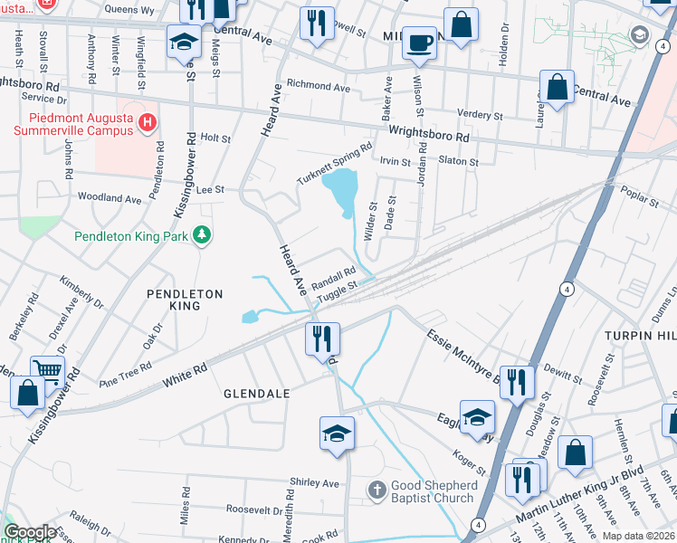 map of restaurants, bars, coffee shops, grocery stores, and more near 2019 Randall Road in Augusta