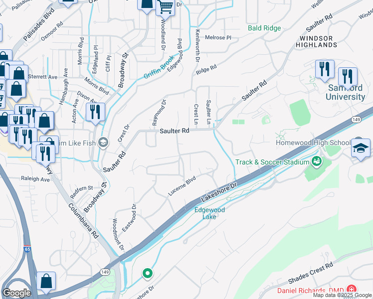 map of restaurants, bars, coffee shops, grocery stores, and more near 373 Lucerne Boulevard in Birmingham