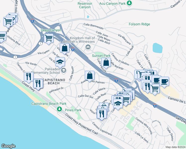 map of restaurants, bars, coffee shops, grocery stores, and more near 34581 Calle Rosita in Dana Point