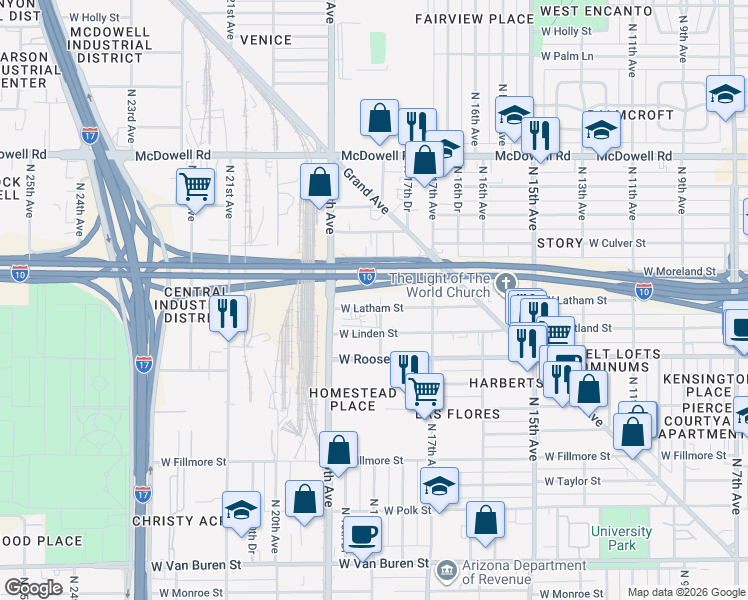 map of restaurants, bars, coffee shops, grocery stores, and more near 1212 North 18th Avenue in Phoenix