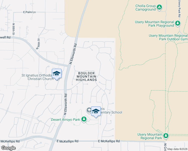 map of restaurants, bars, coffee shops, grocery stores, and more near 9449 East Mallory Street in Mesa