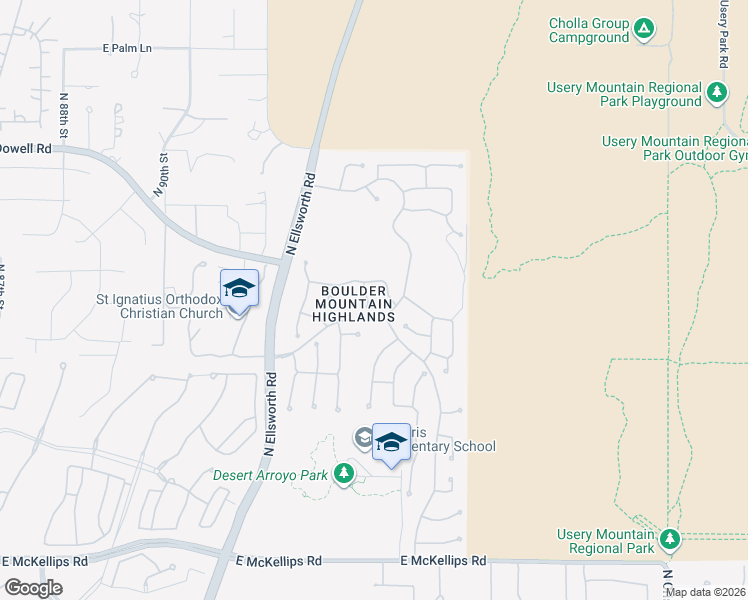map of restaurants, bars, coffee shops, grocery stores, and more near 2508 North Via Serena Circle in Mesa